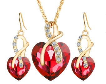 Red Gold Heart Necklace | Valentines Jewellery | Birthday Gift | MothersDay Gift | Heart Earring Gift |  Teen Christmas Gift | Heart Choker
