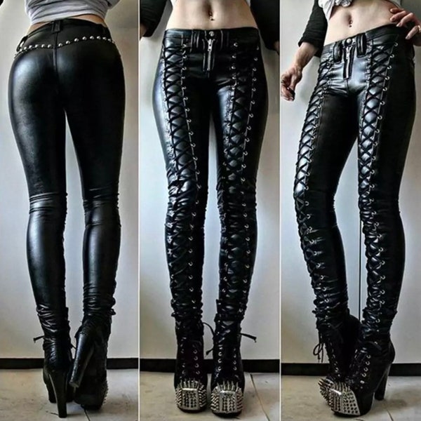 Laced Leather Pants, Lace Up Leather Pants, Steampunk Women Faux Leather, Leather Cosplay Pants