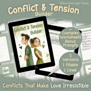 May include: An illustration of a couple on a tablet screen, with the text "Conflict & Tension Builder." Additional text includes "Examples, Worksheets, Bonus Prompts" and "2 Versions, 1 Fillable, 1 Lined." The phrase "Conflicts That Make Love Irresistible" is also present.