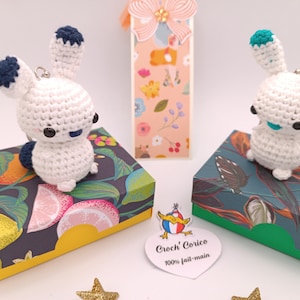 Crocheted amigurumi rabbit (key ring option) and its gift wrapping box