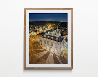 Impresión fotográfica aérea nocturna del Ayuntamiento de Abingdon: Arte mural del mercado