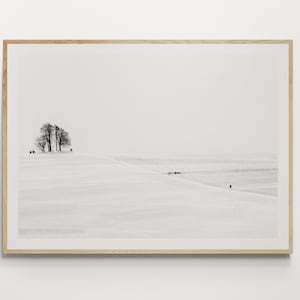 May include: A black and white photograph of a snowy landscape with a few trees in the distance and a lone figure walking across the field.