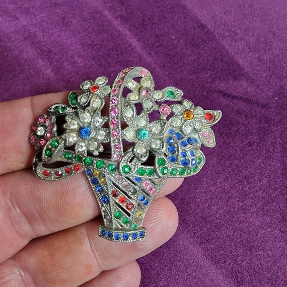 Broche Ancienne Art Déco En Argent Et émail - Panier De Fleurs Avec Strass - Pièce De Collection