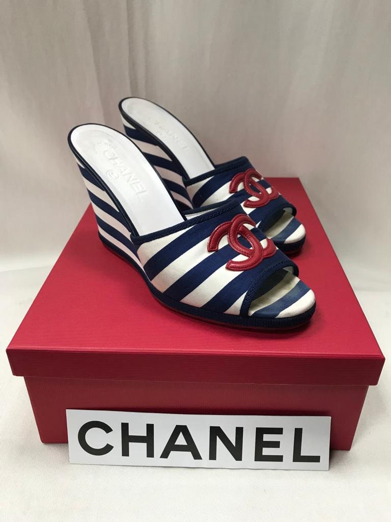 Chanel Blue & Black Leather Espadrilles Flats Shoes 37