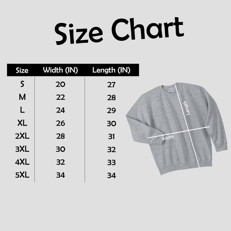 Op de afbeelding: Maattabel voor een sweatshirt met afmetingen in inches. De tabel toont de breedte en lengte van het sweatshirt in inches voor maten S tot en met 5XL.