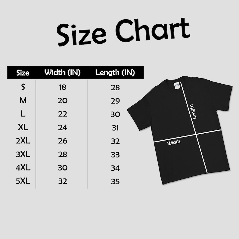 Pu&ograve; includere: Tabella delle taglie per una t-shirt che mostra le misure di larghezza e lunghezza in pollici. La tabella mostra le taglie dalla S alla 5XL con le misure di larghezza e lunghezza corrispondenti.