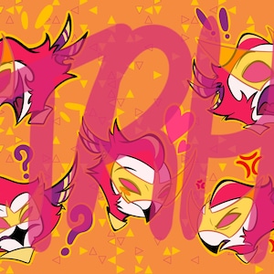 May include: Five digital illustrations of a pink and yellow cartoon character with different facial expressions. The character has a mask with a yellow stripe across the eyes. The background is orange with yellow triangles.