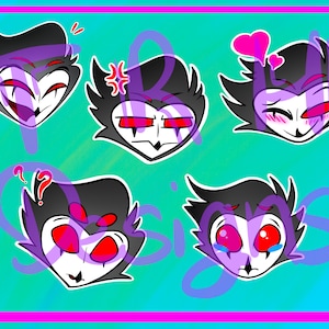 May include: Five cartoon faces with different expressions. The faces are black with red eyes and white details. The expressions include happy, angry, blushing, confused, and crying.