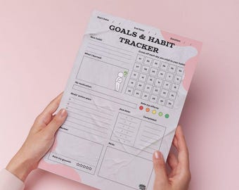 May include: A printable goals and habit tracker worksheet with a pink background. The worksheet has sections for new habits, what you learned, motivation, goals action plan, due dates, rate your efforts, completed, and notes. The worksheet also has a calendar for tracking progress.