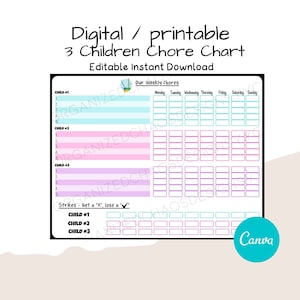 Chore Chart for Kids | Kids Chores | Kids Chore Chart | Responsibility Chart | Printable | Editable | Instant Download | Multiple Children