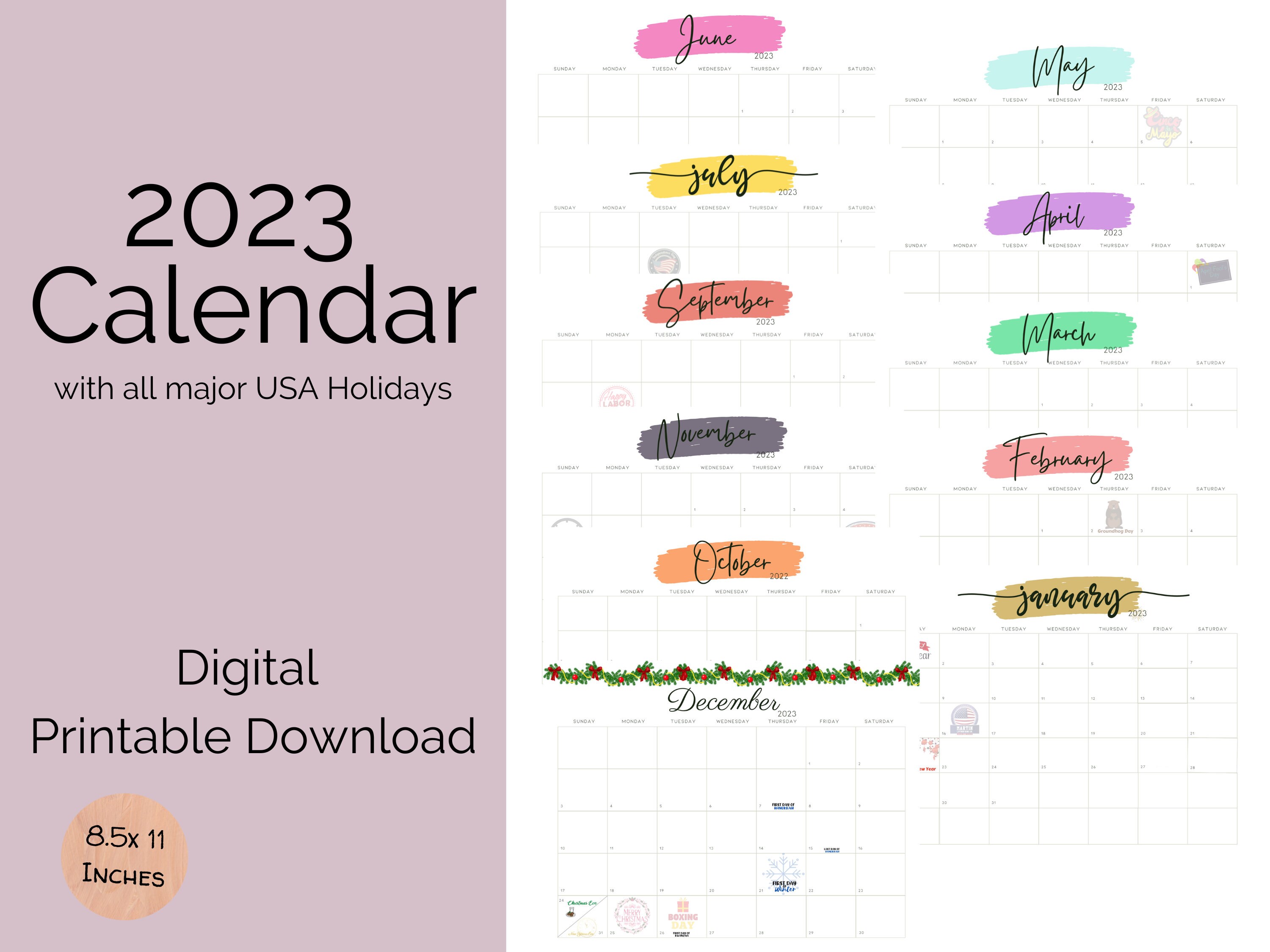 2023 Calendar With American Holidays Canada Calendar - Etsy