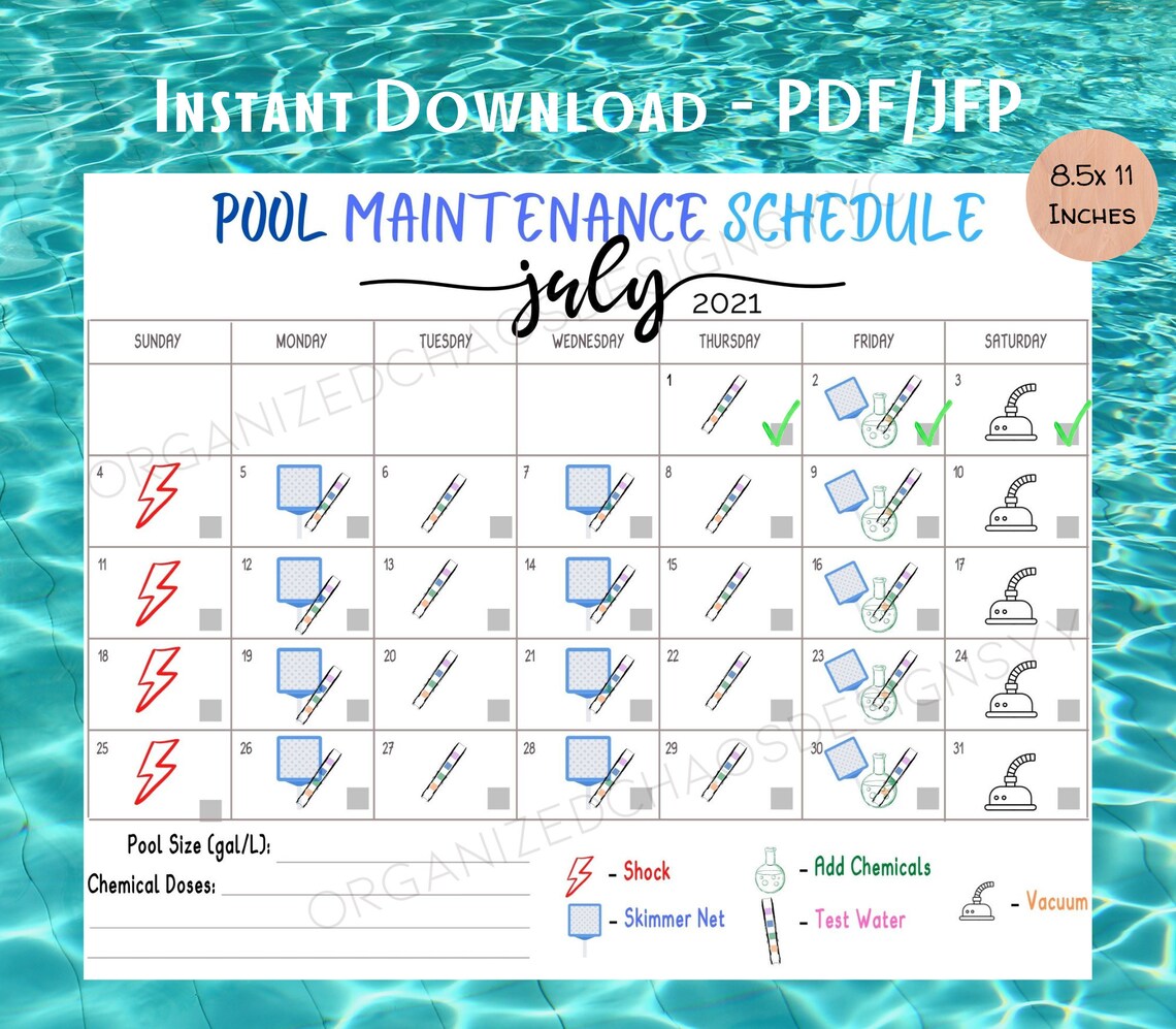 Summer Swimming Pool Maintenance Log Calendar Pool Etsy