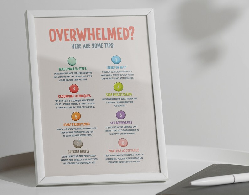 May include: A white framed poster with the title "Overwhelmed? Here are some tips:" and eight tips for dealing with feeling overwhelmed. The tips are: Take smaller steps, Seek for help, Grounding techniques, Stop multitasking, Start prioritizing, Set boundaries, Breathe deeply, and Practice acceptance.