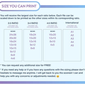 May include: A chart showing different print sizes available for various aspect ratios. The ratios are 2:3, 3:4, 4:5, and International. The sizes are listed in inches. The chart also states that you can request any additional size for free.