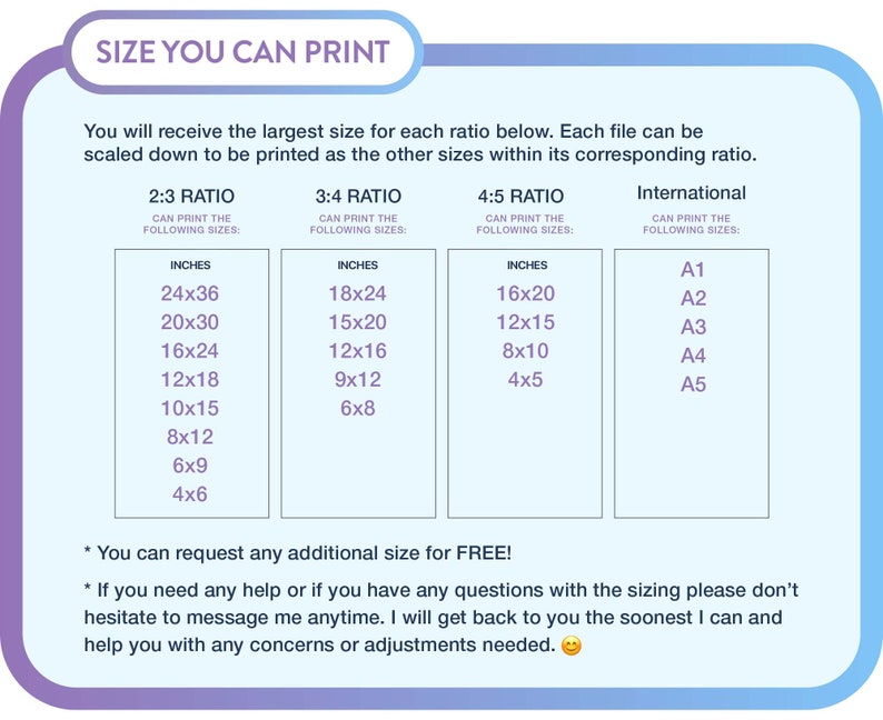 May include: A chart showing different print sizes available for various aspect ratios. The ratios are 2:3, 3:4, 4:5, and International. The sizes are listed in inches. The chart also states that you can request any additional size for free.