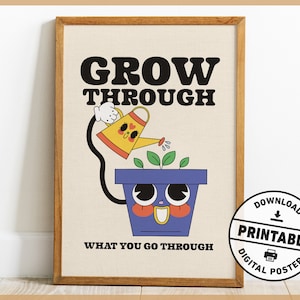 Cartel retro de salud mental, crecer a través de lo que pasa, decoración de la oficina de salud mental, arte de pared imprimible