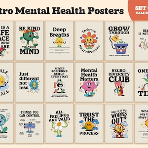 Carteles retro de salud mental, conjunto de 20 impresiones, terapia, decoración de oficina de asesoramiento, arte de pared imprimible estético de moda