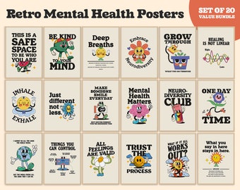 Retro Mental Health Posters, Set of 20 Prints, Therapy, Counseling Office Decor, Trendy Aesthetic Printable Wall Art