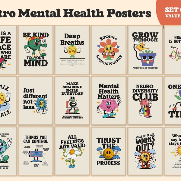 Retro Mental Health Posters, Set of 20 Prints, Therapy, Counseling Office Decor, Trendy Aesthetic Printable Wall Art