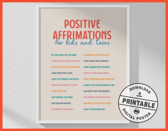 Positive Affirmations For Kids & Teens, Printable Digital Poster, Mental Health Print, Therapy, School Counselor, Office Wall Art Decor