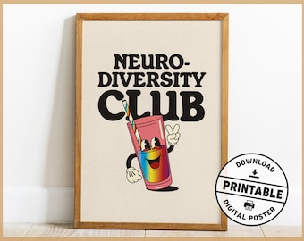 Neurodiversity Club, Retro Wall Art, ADHD, Autism, Mental Health Poster, Therapy Office Decor, Printable Digital Download