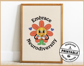 Embrace Neurodiversity, Retro Wall Art, ADHD Poster, Mental Health Print, Therapy Office Decor, Printable Wall Art, Digital Download