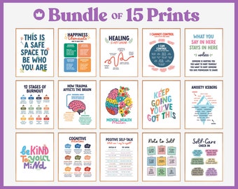 Therapy Office Decor, Set of 15 Prints, Mental Health Printable Posters, Counseling Office Signs & Wall Art Bundle
