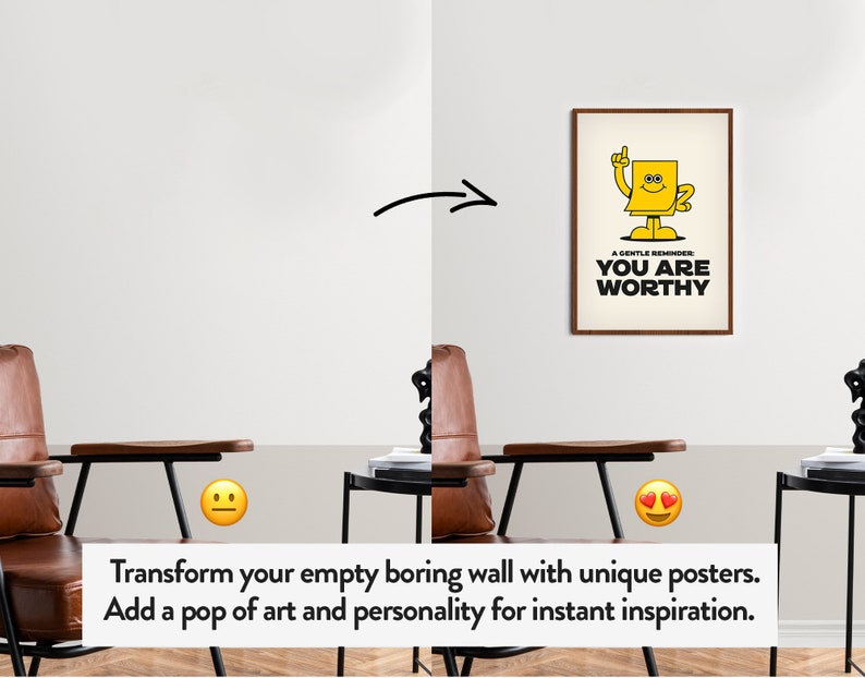 Puede incluir: Un p&oacute;ster enmarcado con borde marr&oacute;n cuelga de una pared blanca. El p&oacute;ster presenta un personaje cuadrado amarillo con una cara sonriente y un dedo levantado. El texto en el p&oacute;ster dice "A GENTLE REMINDER: YOU ARE WORTHY".