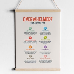 May include: A printable poster with a light beige background and a red title "OVERWHELMED? HERE ARE SOME TIPS:". The poster lists 9 tips for managing overwhelm, each with a number and a colorful circle. The tips include "Take smaller steps", "Seek for help", "Grounding techniques", "Stop multitasking", "Start prioritizing", "Set boundaries", "Breathe deeply", and "Practice acceptance".