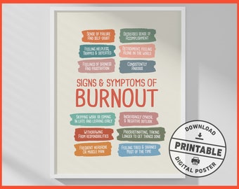 Signs & Symptoms of Burnout, Counseling Office Decor, Mental Health Print, Therapy Printable Poster