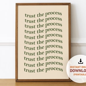 Puede incluir: Una impresión de arte de pared imprimible con un fondo beige y un marco de madera marrón. La impresión presenta el texto "trust the process" repetido diez veces en una fuente verde oscura.