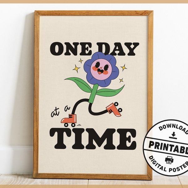 Mental Health Retro Wall Art, One Day At A Time, Motivational, Counseling Office Decor, Printable Wall Art, Digital Download