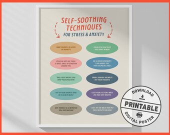 Tecniche auto-calmanti per la gestione dello stress e dell'ansia, arte da parete stampabile, terapia, consulenza, arredamento per ufficio