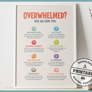 May include: A printable poster with tips for dealing with feeling overwhelmed. The poster has a colorful design with eight tips, each with a number and a title. The tips include taking smaller steps, seeking help, grounding techniques, stopping multitasking, starting prioritizing, setting boundaries, breathing deeply, and practicing acceptance. The poster also includes the words "Download Printable Digital Poster".