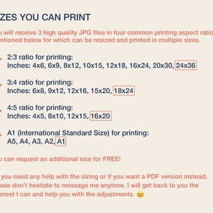 May include: A beige print with the text "SIZES YOU CAN PRINT" and size options for printing JPG files. The sizes are listed in inches, including 4x6, 6x9, 8x12, 10x15, 12x18, 16x24, 20x30, 24x36, 6x8, 9x12, 12x16, 15x20, 18x24, 4x5, 8x10, 12x15, 16x20, and A1, A5, A4, A3, A2 sizes.