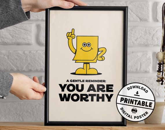 You Are Worthy, Printable Retro Style Poster, Self-care Reminder, Mental Health Office Decor, Digital Downlaod