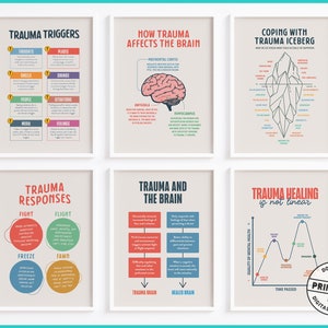 Poster stampabili su trauma, disturbo da stress post-traumatico e salute mentale, set da 6, decorazioni per ufficio, decorazioni murali, fattori scatenanti, strategie di coping e guarigione, stampe digitali