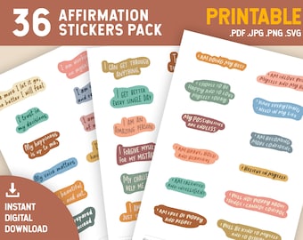 Positive Affirmations Printable Sticker Pack | Self-love, Journal, Planner, Instant Download Stickers | Print and Cut Stickers | A4