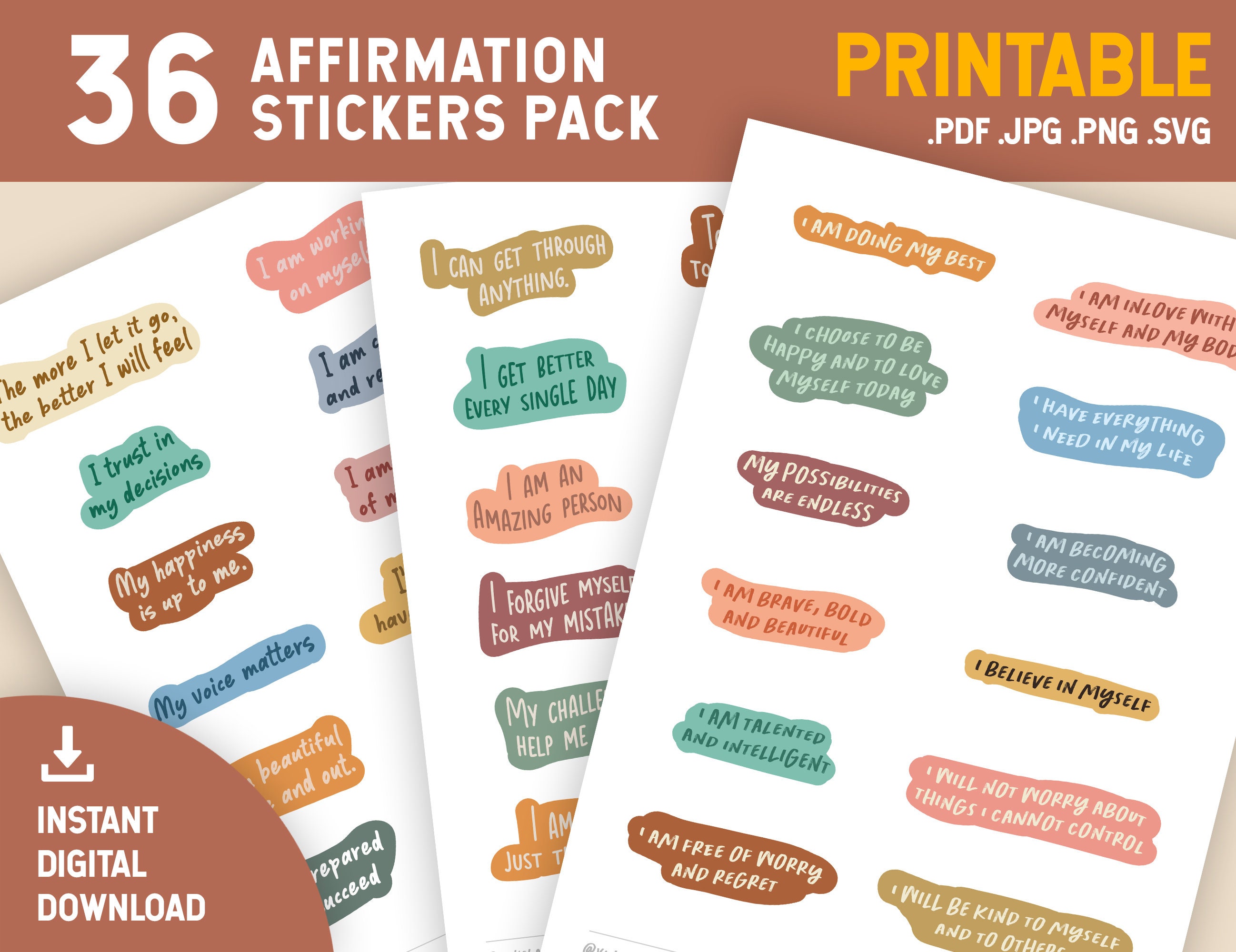 Positive Affirmations Printable Sticker Pack Self-love, Journal, Planner,  Instant Download Stickers Print and Cut Stickers A4 