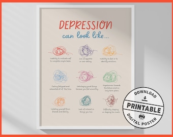 Depresja może wyglądać, plakat do druku, wydruk o zdrowiu psychicznym, terapia, wystrój gabinetu doradczego, sztuka ścienna