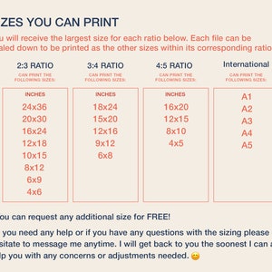 May include: A beige chart displays print sizes in inches for 2:3, 3:4, 4:5 ratios, and international sizes A1-A5. Text states the largest size can be scaled down. Additional sizes are available upon request. Contact for sizing help.