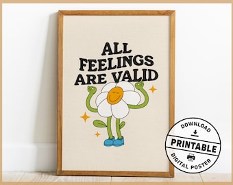 All Feelings Are Valid, Mental Health Retro Poster, Counseling Office Decor, Groovy, Retro Quote Wall Art, Digital Download
