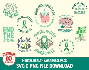 Mese della consapevolezza della salute mentale, SVG, PNG Digital File Pack, T-Shirt Design File, Tazza, Cuscino, Clip Art vettoriale, Sublimazione, Bundle, 2022