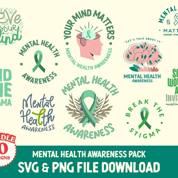 Mental Health Awareness Month, SVG, PNG Digital File Pack, T-Shirt Design File, Mok, Kussen, Vector Clip Art, Sublimatie, Bundel, 2022