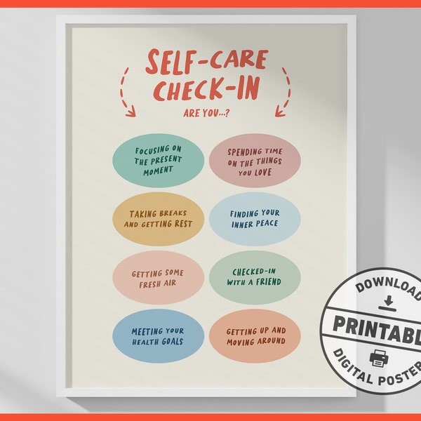 Self-Care Check-in, Printable Wall Art, Self Love Club, Mental Health Poster, School Counselor Office, Therapist, Wall Decor