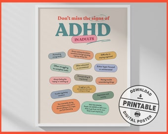 ADHD In Adults, Therapy Office Decor, Printable Poster, Mental Health, Neurodiversity, Counseling Wall Art, Office Decor, Digital Download
