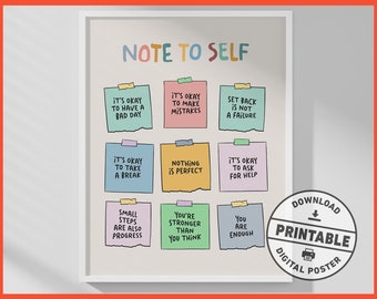 Note To Self, Printable Wall Art, Mental Health Poster, Self Love Club, Self Care, Therapist, School Counselor, Office Decor
