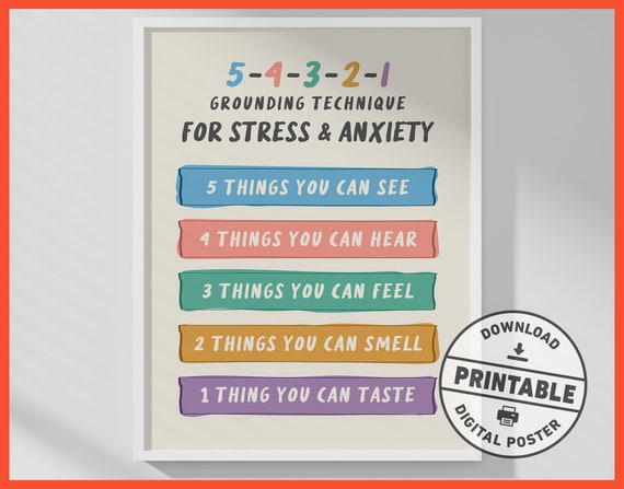 Grounding Technique, Printable Wall Art, Anxiety Helper, Breathing Exercise, Mental Health Poster, Therapy, School Counseling, Office Decor