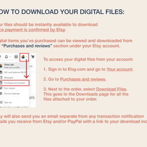 May include: A beige graphic with instructions on how to download digital files from Etsy. The text includes steps to access purchased items via the "Purchases and reviews" section of an Etsy account.
