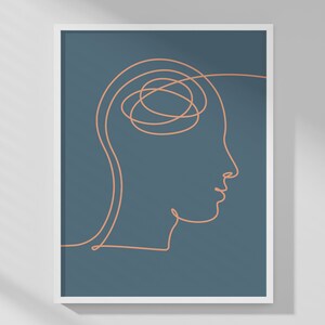 May include: A framed art print featuring a minimalist line drawing of a human profile in peach against a teal background. The artwork depicts a head with a tangled line representing thoughts. The white frame adds a clean, modern aesthetic.